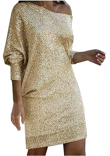 Paillettenkleid Gold Lang Kleid Damen Langarm Elegant Hohe Taille Schulterfrei A-Linien Minikleid Freizeitkleid Partykleid Dating-Kleid Sommerkleider Rüschenkleid Pailletten Kleid