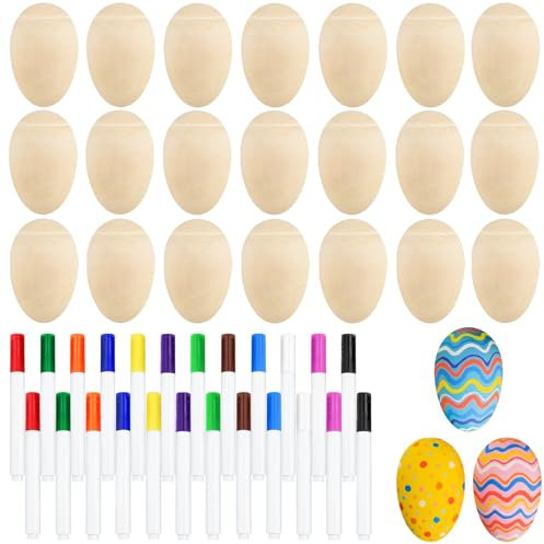 Morcheiong 12 Stück Hölzerne Eier Shakers, DIY Rasseleier Musikinstrumente Set mit 12 Stück Mehrfarbigen Stiften, Eier Maracas, Osterei Geschenke für Kinder