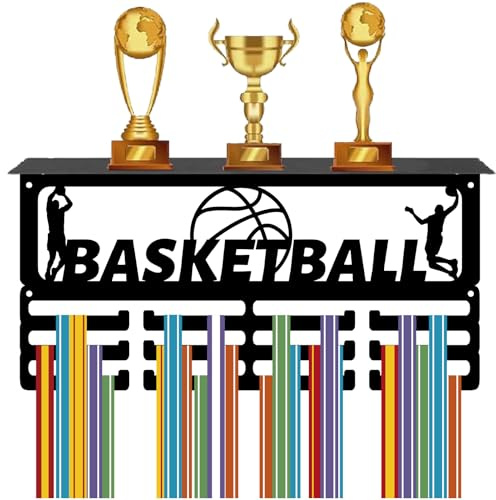 CREATCABIN Medaillen Trophäenregal Basketball Medaillenaufhänger Ausstellungsregal Mit 12 Haken Ständer Sport Wandhalterung Trophäenhalter Medaillen Organizer Gestell Für Laufauszeichnungen 40x20x10cm