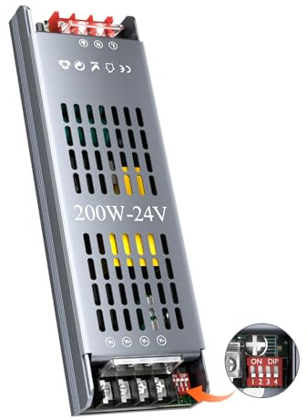 HOOLED Transformateur LED DC 24 V 8,3 A, 200 W Alimentation dimmable, convient pour 220-240 V AC à DC 24 V transformateur LED, alimentation avec 5 modes de protection
