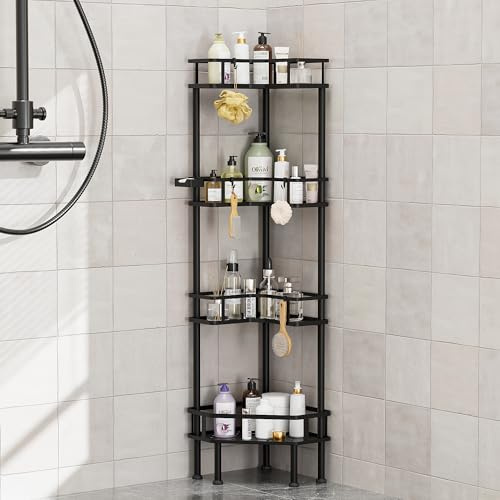 FJNATINH Eck-Dusch-Caddy – Dusch-Organizer mit 4 Ebenen, Eckregal, Edelstahl, stehend, hoch, Boden-Duschregal, Aufbewahrungsständer für Badezimmer, Balkon, Küche, ohne Bohren