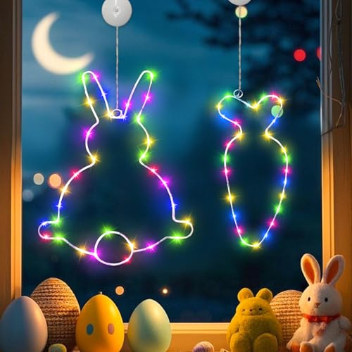 ACAREY 2 Stück Osterdeko Fenster Lichterkette mit Timer, Ostern Deko Hasen Karotten Metall Fenstelicht mit Saugnapf, Hängende Lichterketten Batteriebetriebene, Lichter für Oster Wand Innen Deko (02)