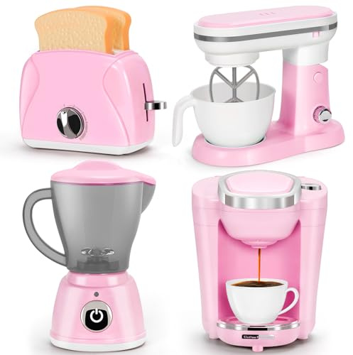 Set di giocattoli da cucina rosa con elettrodomestici, caffettiera, mixer, tostapane, frullatore, set da cucina per bambini, accessori da cucina con suono e luce, regali di compleanno per ragazze