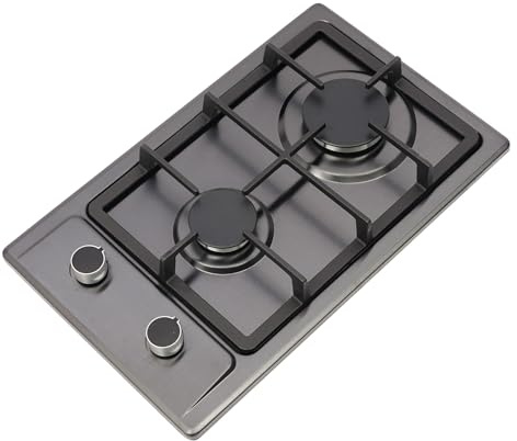 JAYEUW Gaskochfeld 2 Flammig, 3KW+1.75KW Tragbarer Gasherd, Kochfeld aus Edelstahl mit Druckminderventil, NG/LPG, für Outdoor-Camping, Party 51 * 31 * 10cm (Schwarz)