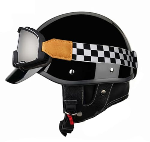 VVPEC Casco Moto retrò Vintage, Casco Scodella Semi Integrale con Occhiali, Casco Aperto Jet in ABS, Certificato ECEDOT, per Motocicletta, Scooter e Bici Elettrica per Uomo e Donna(2,XL=61~62cm)