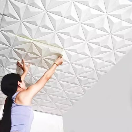Deckenplatten Selbstklebend Deckenfliesen 3D Stereo Strukturierte Paneele, Abgehängte Dekorative Tapete für Wohnzimmer, Deckenpaneele zum Abziehen und Aufkleben/ Weißer PVC-Styropor-Aufkleber(10pcs)