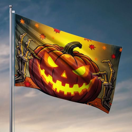 Bandiera per ragazzi, una lanterna luminosa Jack-O'-Lantern con mani scheletriche. Bandiera accessori per patio e decorazione per porte esterne (120 x 180 cm)