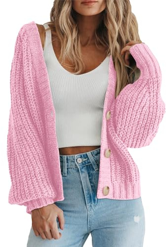 LLECDASEUI da Donna Grosso Maglia Aperto Davanti Maglione Manica Lunga Bottone Sciolto Corto Cardigan Capispalla Cappotti (Rosa,M)