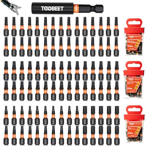 Toobeet Impact Torx Schraubendreher-Bits-Set, Magnetischen S2-Stahl 25mm 91tlg. (T10/T15/T20/T25/T30) Bits-Set für Schlagwerkzeuge mit 1 langem Bithalter (60 mm) inkl. robuster Aufbewah Ungsbox