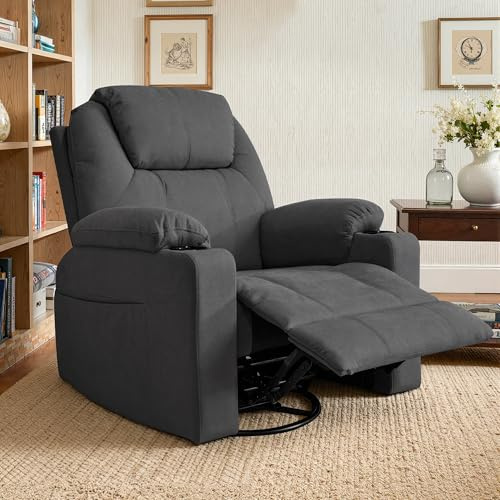BonVache Recliner Armchair For the Elderly,Lounge Sofa 360° Rotating Metal Base,Single Sofa Chair with Leg Rest,2 Cup Holder and Pockets,for Living Room Bedroom Home Theater Cafe,Dark Gray