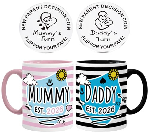 Hojalis New Mum Dad Coffee Mugs Set with 1 Double-Sided Decision Coin, Mummy and Daddy Mugs, Pregnancy Gift for Mum Expecting, New Mummy Daddy Gifts, Couple Gifts for Parents Frist Time Mom Dad (C)