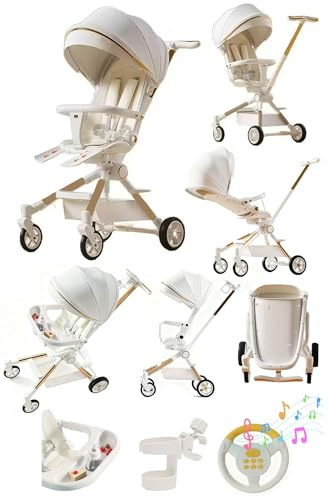 Rexhan 2 in 1 Baby Stroller, Foldable Pram, Feeding Chair, Baby Buggy, Reversible Pushchair, All in One Stroller, Newborns, Aluminium Frame, Lightweight, Shock Absorbers, Music, Footrest, White