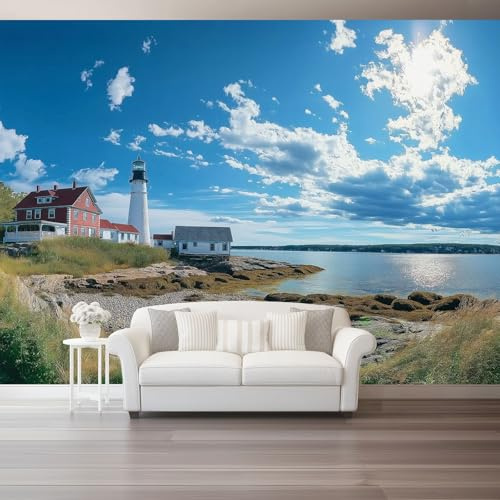 Papel tapiz fotográfico 250 x 175 cm Revestimiento de paredes decoración de salón Diseño Faro Natural Cielo Azul para dormitorio, sala de estar, papel tapiz no tejido, decoración de pared, Azul