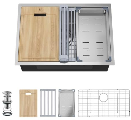 27 Inch Undermount Kitchen Sink 16 Gauge Stainless Steel Ledge Workstation Sink Round Corners Deep Single Bowl Kitchen Sinks with Accessories 27x19x10
