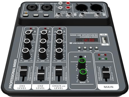 Mezclador de audio, Mesa de mezclas 4 canales for DJ con Bluetooth, alimentación fantasma 48 V, monitorización, mezclador USB Para estudio de karaoke
