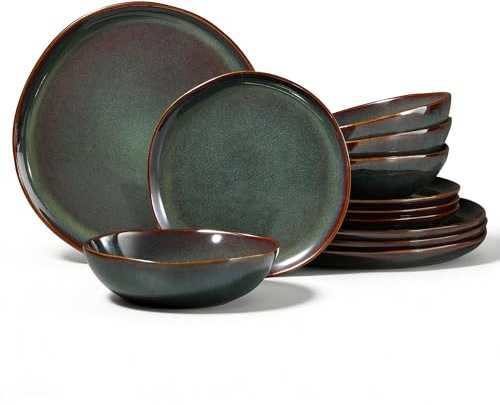 Onader 12 Piece Reactive Glaze Dinner Set for 4 People, Moss Green | Porcelain Dinner Sets, Irregular Round Stoneware Dinnerware Service for 4, Plates and Bowls, Dishwasher & Microwave Safe