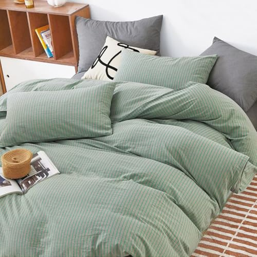 Nesture Bettwäsche 135x200 Baumwolle Grüne Streifen - Bettwäsche-Sets 100% Gewaschene Baumwoll mit Stone-Washed Leinen-Optik, Enthält 1 Bettbezug 135 x 200cm und 1 Kissenbezug 80x80 mit Reißverschluss