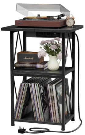 2026 Soporte de tocadiscos de mesa ampliado con base de carga, 3 niveles, 50 x 40 cm, mesa auxiliar con almacenamiento de discos de vinilo, grano de madera, soporte tocadiscos para reproductor de