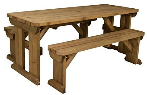 Arbor Garden Solutions 6 Seat Wooden picnic table and bench set, Yews compact rounded patio furniture (5ft, Rustic Brown)