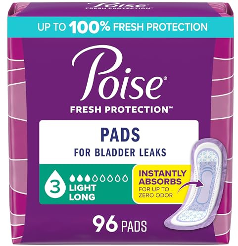 Poise Incontinence Pads & Postpartum Incontinence Pads, 3 Drop Light Absorbency, Long Length, 96 Count (4 Packs of 24), Packaging May Vary