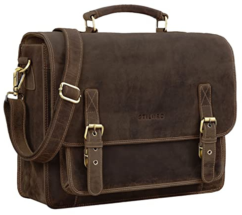 STILORD James Leder Business Aktentasche für Herren Damen Vintage Umhängetasche mit 14 Zoll Laptop Fach große Ledertasche für Lehrer Büro und Arbeit Farbe:mittel - braun
