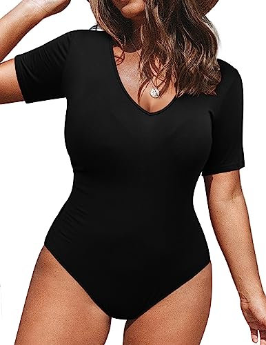 IN'VOLAND Women's Bodysuit Plus Size Short Sleeve Scoop Neck Bodysuit Basic Top T Shirt Leotards Jumpsuits
