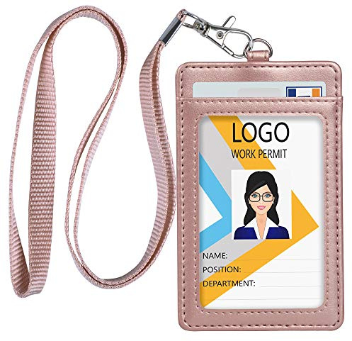 Teskyer Lanyards for ID Badges, Leather ID Badge Holder for Work School IDs, Cruise Ship Cards, Hotel Key Cards, Pass Cards - Rose Gold