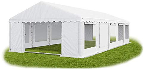 Das Company Partyzelt 5x10m Lagerzelt Universalzelt Pavillon mit Moskitonetz weiß mit Bodenrahmen und Dachverstärkung Zelt 240g/m² PE Plane wasserdicht hochwertig Gartenzelt Summer Plus IPEM