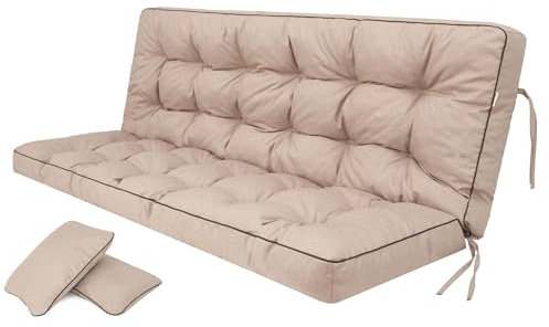 PillowPrim Beige Kissen für Hollywoodschaukel, Gartenschaukelkissen 180 cm, Komfort Sitzbank mit Rückenlehne, Inklusive Zwei Rückenlehnen-Kissen