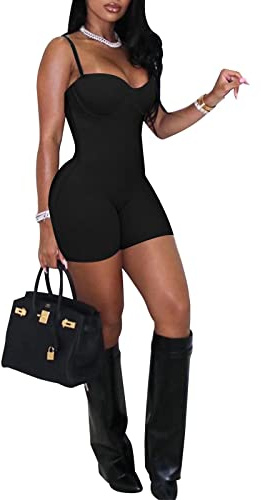 Women's Sexy One Piece Jumpsuit Bodycon Rompers Spaghetti Strap Bodysuit Club Night Outfits Black L