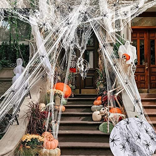 OUQIWEN Telaraña Halloween,Decoraciones de telaraña de,100g Telarañas Elásticas, 30pcs Arañas Falsas,para Decoraciones De Halloween En Lnteriores y Exteriores