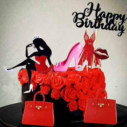JeVenis High Heel Kuchendekoration - Königin Geburtstag, Lady in Red, Taschen, Rotes Kleid, Sexy Geburtstagstortendekoration