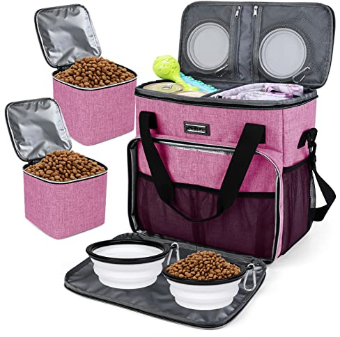 BAGLHER Hundetasche, Haustier-Reisetasche (alle Haustier-Reisebedarf), mit 2 Haustierfutterbehältern und 2 faltbaren Silikonnäpfen; unverzichtbare Kits für Haustierreisen, Rosa
