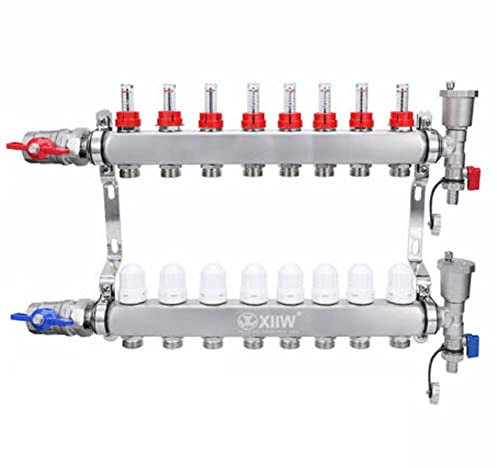 8 Heizkreise | Heizkreisverteiler inkl. 1 Kugelhähne | Fußbodenheizung mit Manueller Entlüfter, Flussmesser Durchflussmesser | Anschlüsse für Eurokonus 3/4 | 30 x 1,5 mm | HKV Verteiler