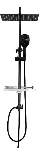 Görbach Columna de Ducha Negra sin Grifo Sistema Ducha Hidromasaje Conjunto Ducha Altura Adjustable, Juego ducha Baño con Estana Negro mate, Cuadrado (3030MB+bandeja)