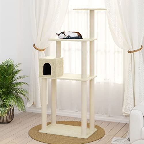 MOONAIRY Kratzbaum mit Sisal-Kratzsäule, Katzenkratzbaum, Kletterwand, Kratzbäume Für Katzen, Kratzstamm, Kratzbaum Deckenspanner,n Creme 147 cm