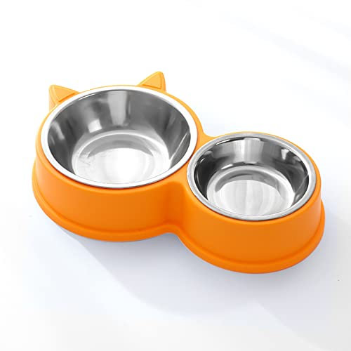 DOMI PRO Katzennäpfe Katzenschüssel Set, 30cm rutschfeste Katzennapf aus Edelstahl, Fressnapf Katze Wasserschale, Edelstahl Doppel Napf für Kleine und Mittelgroße Katzen und Hunde（Gelb）
