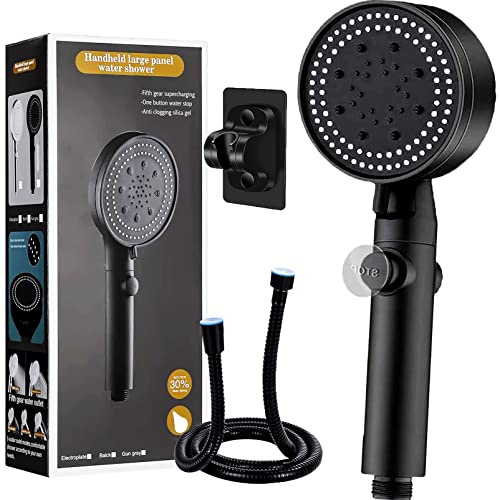 Wassersparender Duschkopf mit 1.5M Schlauch für Duschkopf mit Wasserstop,5 Strahlarten Hochdruck Druckerhöhende Duschbrause, Regendusche, Halterung Ohne Bohren, Schwarz