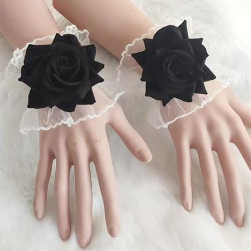 Spitze Handgelenk Damen,2 Paar Damen Vintage Rose Blumen Armband Gefälschte Handmanschetten Stulpen Armstulpen Handgelenk Braut Handschuhe Bekleidungszubehör für Cosplay Hochzeitsfeier -Schwarz