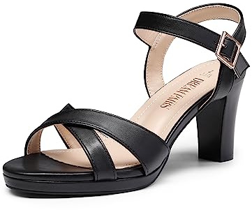 DREAM PAIRS Women’s Open Toe Ankle Strap Sparkly Strappy Chunky Heel Pump Heels ICE-1, Black Pu, 6.5 UK