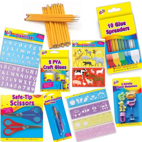 52 Pieces Art and Craft Supplies Including Scissors, Stencil Sets, Stencil rulers PVA Glue, Spreader and Novelty sharpners