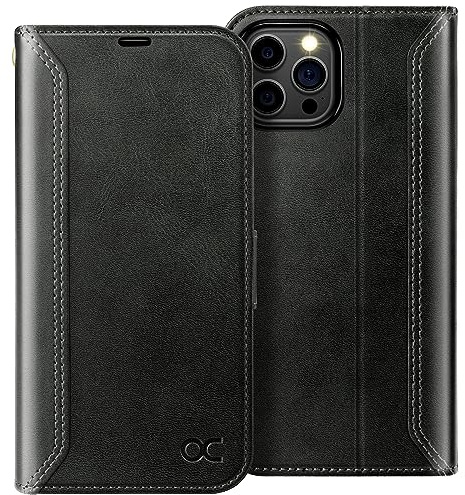 OCASE Retro Hülle für iPhone 15 Pro Max Handyhülle Tasche PU Leder Flip Cover Brieftasche Etui RFID Schutzhülle Klapphülle Lederhülle Kompatibel für iPhone 15 Pro Max Schwarz 6,7 Zoll