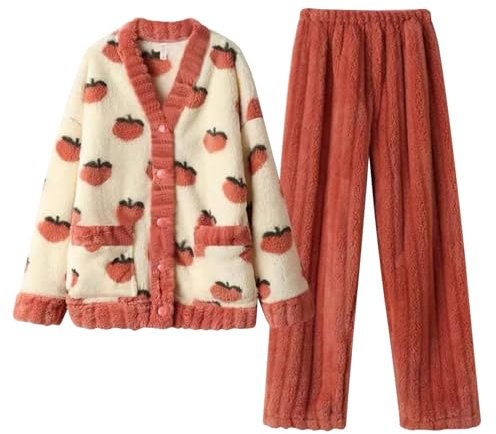 Pigiama Donna Pile Abbigliamento da Casa XXL Pigiama Peloso Cotone con Bottoni Pigiama Pile Pesante Caldo Pigiama Invernale Due Pezzi Tuta Pile Pigiama Flanella Pigiama Felpato Taglie Forti