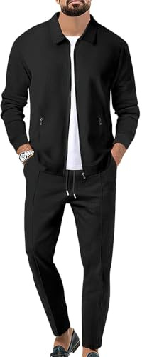 aromm Uomo Tute da Ginnastica Waffle Manica Lunga Cerniera Giacca & Pantaloni Set di 2 Pezzi Nero per Casual Sport Lavoro, L