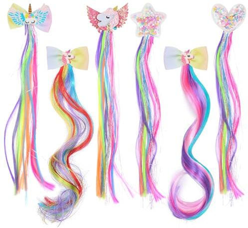 VGMANNTA Haarspangen Einhorn Haarsträhnen für Kinder 6 Stück Haarschmuck für Haarverlängerung Glitzer zum Einflechten Bunt Haarklammern Mädchen Party Ankleiden