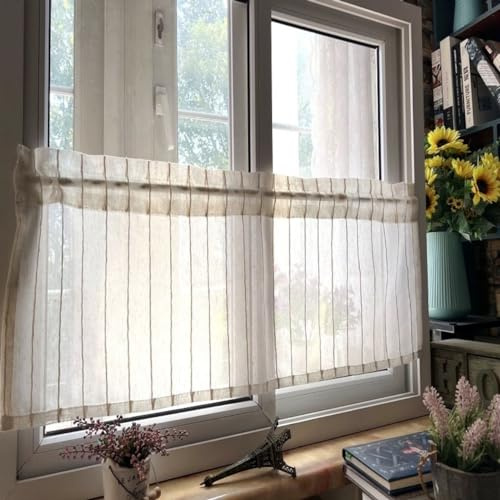 Vordesack Leinenoptik Scheibengardine mit Streifen Muster Retro-Stil Küchengardine mit Stangendurchzug Schrankvorhang, Staubschutzkleiner Fenstervorhang 1 Stück Natur HxB 90x150cm