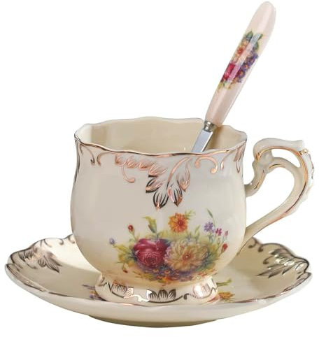ZFQ Tasse de Tasse à thé en céramique avec cuillère, porcelaine anglaise Motif lotus vintage rétro