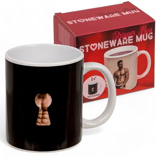 MIJOMA Kaffeebecher mit Strippeffekt - Verführerischer Keramikbecher reagiert auf Wärme, Henkelbecher 300ml, lustiges Mitbringsel für Erwachsene mit Schlüsselloch-Design (Stripper Boy)