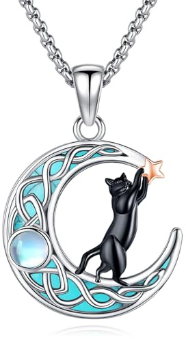 Eusense Katthalsband svart katt måne hänge 925 sterling silver smyckesgåva för kattälskare kvinnor flickor, Sterlingsilver, Ingen ädelsten