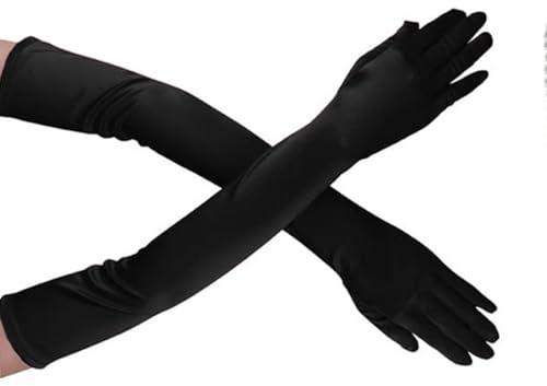 QEDBOJE 1 Paar Elegant Damen Handschuhe, Satin Classic, für Frauen Mädchen, Halloween Karneval Fasching Fest Party Kostüm (Lang, Schwarz)